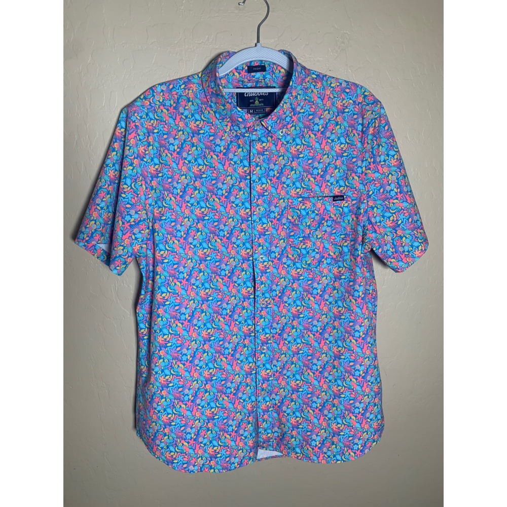 Chubbies Floral Button Down Mens Medium Blue Pink Excellent Short Sleeve Stretch - Picture 9 of 9